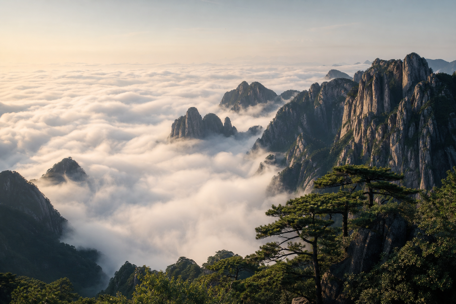 Huangshan peaks above a sea of clouds